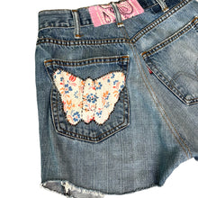 Load image into Gallery viewer, Pink Bandana + Butterfly Vintage Levi’s Cut Offs
