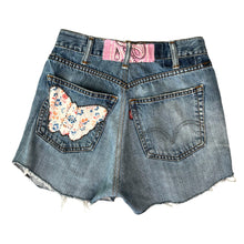 Load image into Gallery viewer, Pink Bandana + Butterfly Vintage Levi’s Cut Offs
