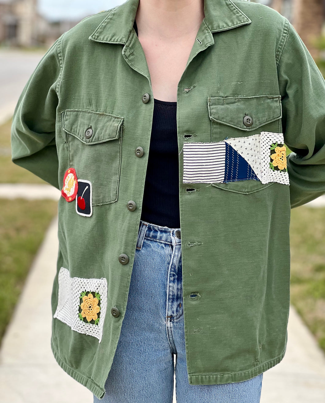 Yellow Is A Winner Patched Vintage Military Fatigue Jacket