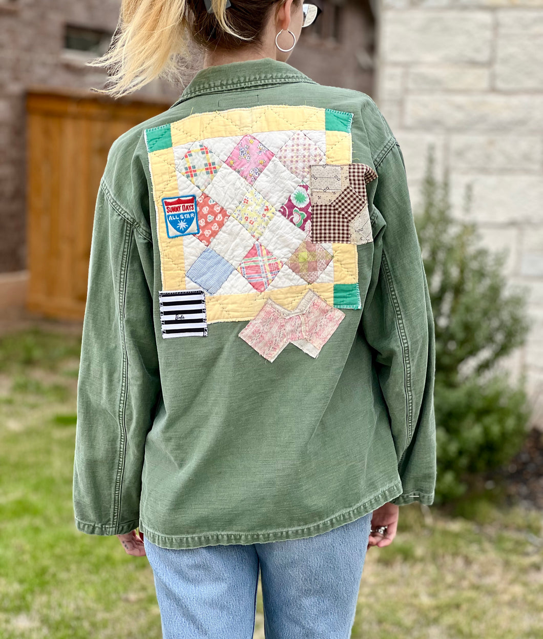 Faded Sunny Days Multi Quilt Patched Military Fatigue Jacket