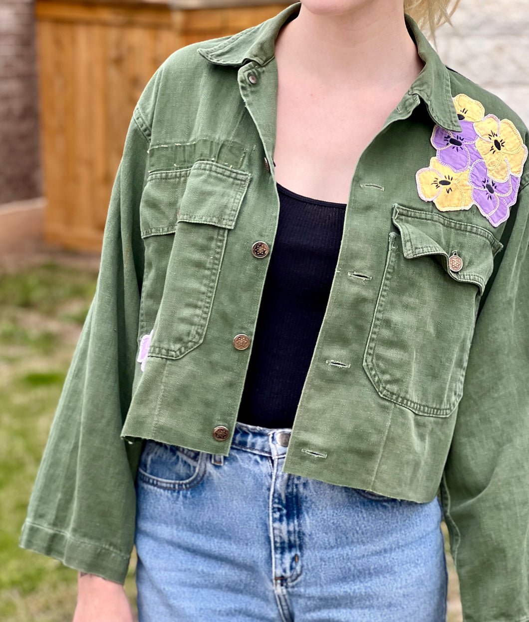 Flower Garden Cropped Vintage Military Fatigue Jacket